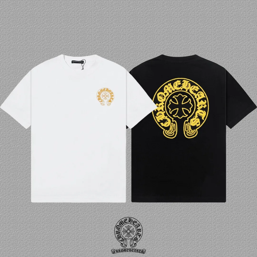 🅿️200 [CH Crow Heart] 2025FW short-sleeved T-shirt, hollow embroidery with arch bridge embroidery, high-end 26s double yarn 300g fabric, heavy fabric, custom stretcher rib, same vat and dye, complete three standards, same style for men and women, color: black, white, size: S M L XL 2XL